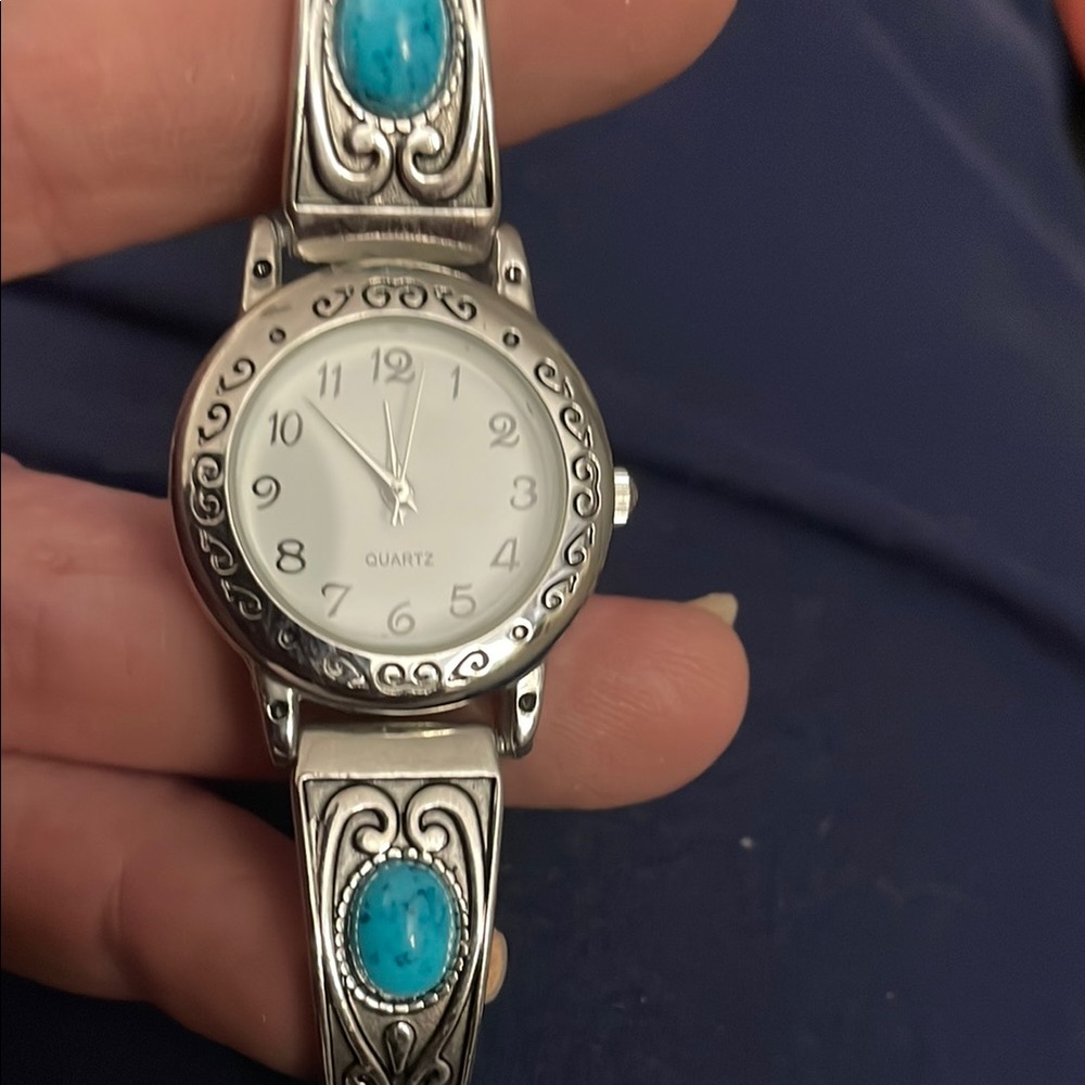 Silver and Blue Southwestern Style Watch with Turquoise Stones